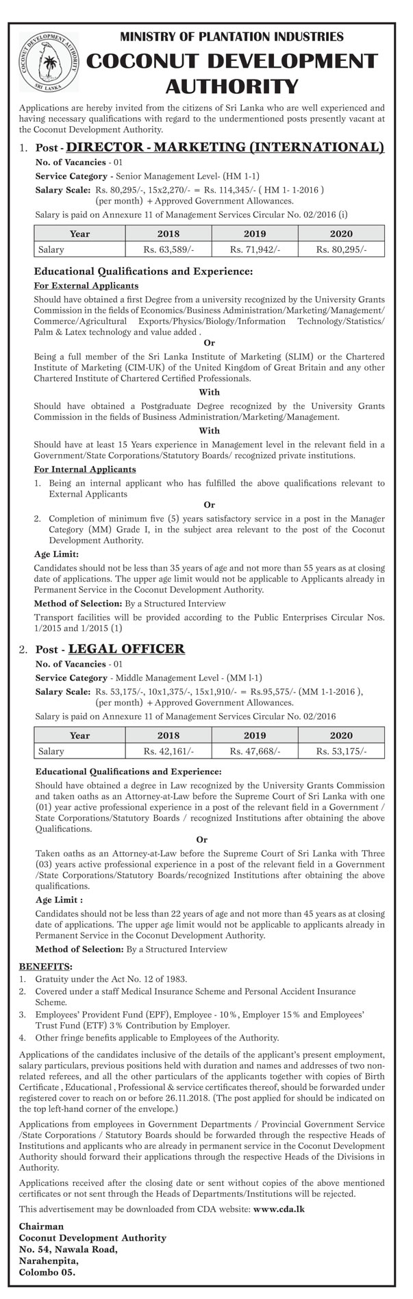 Director (Marketing), Legal Officer - Coconut Development Authority